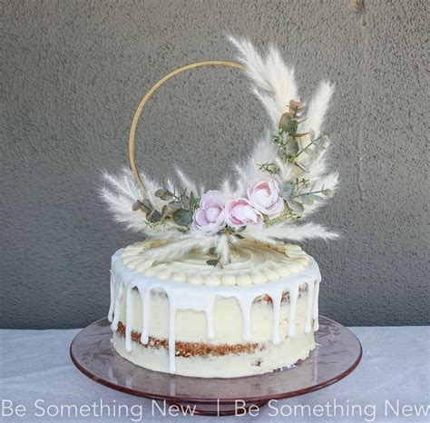 Pampas Grass And Plush Pink Wedding Cake Toper With Eucalyptus And