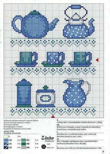 A Cross Stitch Pattern With Blue Teapots And Kettles On The Side