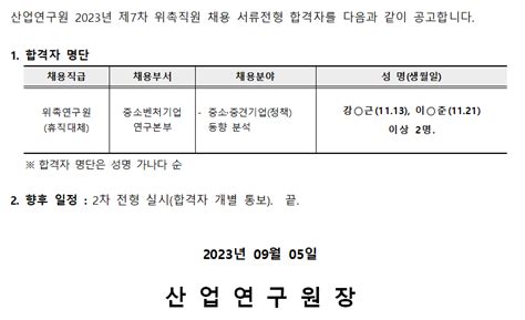 2023년 제7차 위촉직 채용 1차 전형서류심사 합격자 공고 Kiet 산업연구원 소통 공지사항 공지사항