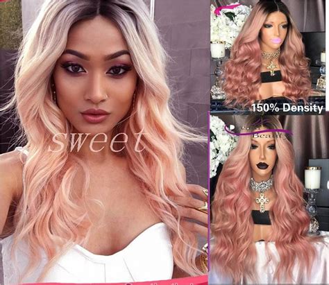 Front Lace Wig Ombre Pink Wavy Black Root Pink Ombre Lace Front Wigs Lace Wigs