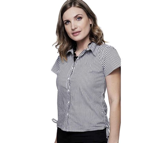 Camisa Sob Manga Curta Listrada Algodão Feminina Preto Netshoes