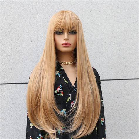 Honey Blonde Long Wig Straight Fringe Women Wigs 28 Inch 70 Etsy