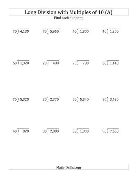 Long Division By Multiples Of 10 With No Remainders A Division Worksheet