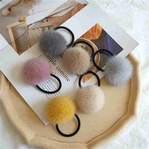 Furry Ponytail Holders Fw Hair Ring With Pom Ball Real Mink Fur