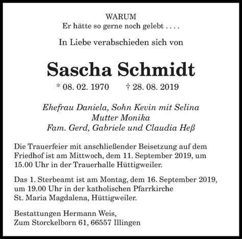 Traueranzeigen Von Sascha Schmidt Saarbruecker Zeitung Trauer De