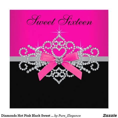 Diamonds Hot Pink Black Sweet 16 Birthday Party Invitation Sweet 16 Birthday