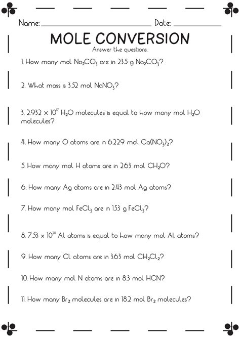 Mole Conversion Problems Worksheet With Answers