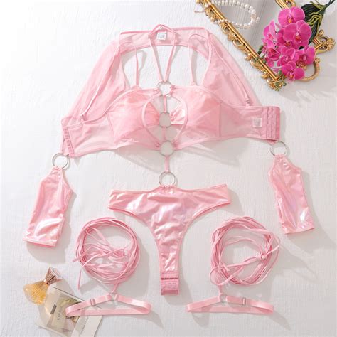 Super Pink Transparent Soft Comfortable Lace Bandage Sexy Lingerie Three Set