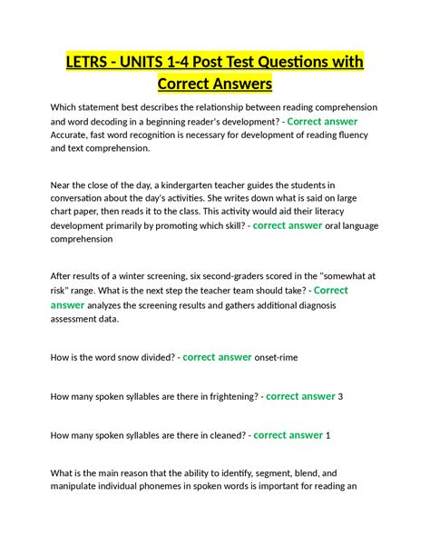 Letrs Units Post Test Questions With Correct Answers Exams