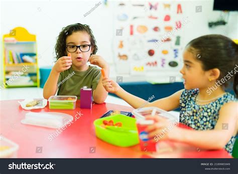 Adorable Preschool Students Sharing Food While Stock Photo 2189985949 ...