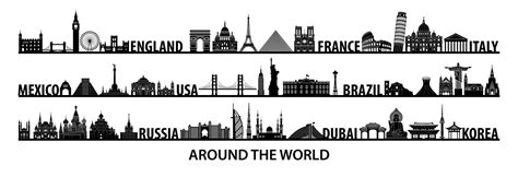 World Famous Landmarks Silhouette Style With Black And White Color