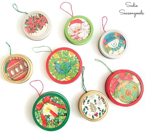 Mason Jar Lid Ornaments with Vintage Christmas Wrapping Paper