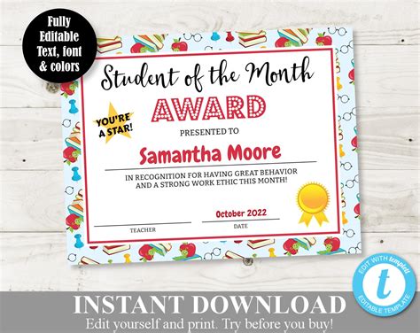 INSTANT DOWNLOAD Printable 8.5x11 Student of the Month Classroom Awards / Certificate / Editable
