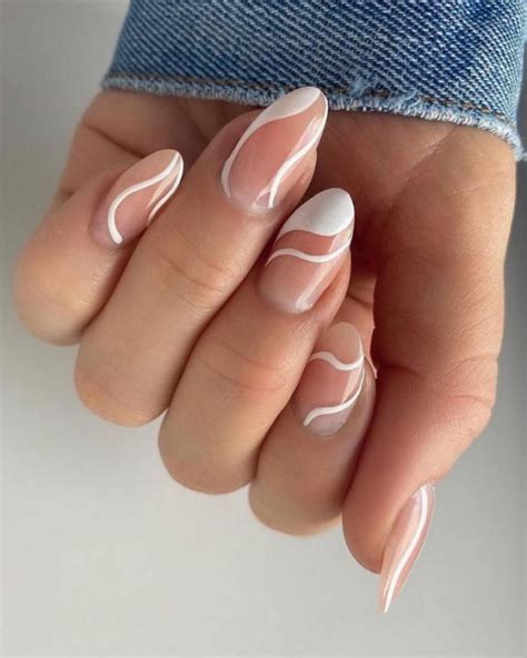 Nude Nails With White Details Swirl Abstract Sheer Oval Nails I