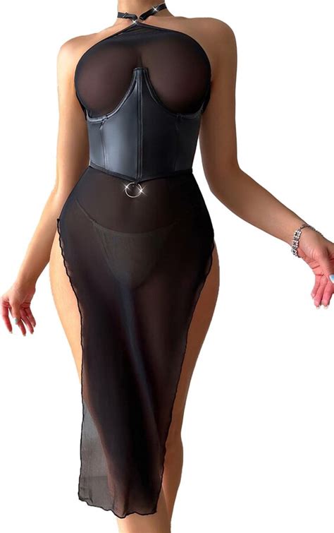 Kaerm Women S Sexy Lingerie Sets Mesh Sheer High Split Dress With Leather Girdle T Back Thongs