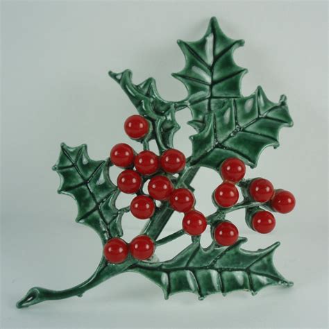 Vintage Holly Leaves And Berries Enamelled Metal Brooch Christmas