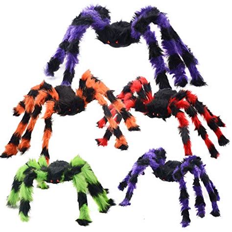 BEIGUO 5pcs Halloween Spider Giant Spider with Red Eyes Colorful Hairy ...