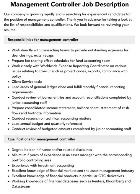 Management Controller Job Description Velvet Jobs