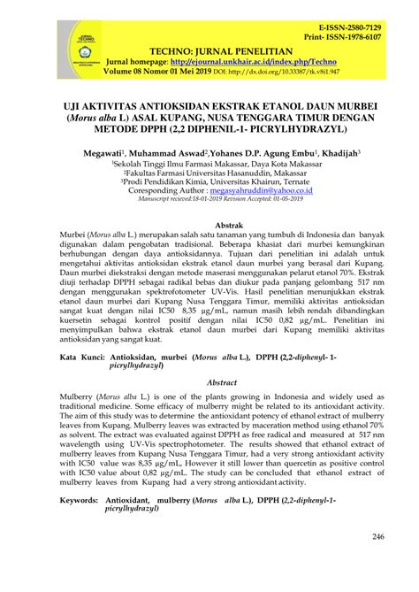 Pdf Uji Aktivitas Antioksidan Ekstrak Etanol Daun Murbei Morus Alba