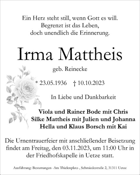 Traueranzeigen Von Irma Mattheis Trauer Anzeigen De