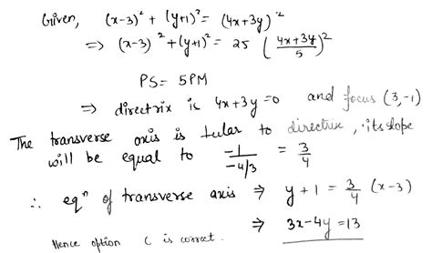 The equation of the transverse axis of the hyperbola (x - 3)^2 + (y + 1 ...