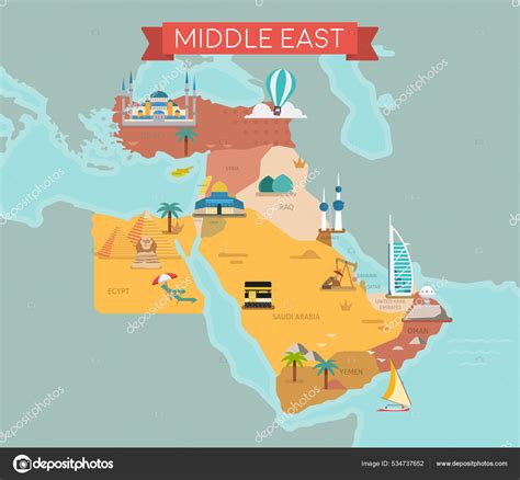 Middle East Map Country Names Tourist Travel Landmarks Vector ...