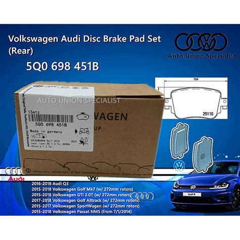 VOLKSWAGEN AUDI Q3 GOLF MK7 GTI PASSAT REAR BRAKE PAD 5Q0 698 451B