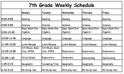 Class Schedule - Seventh Grade 2020-2021