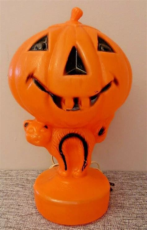 Vintage Halloween Jack O Lantern Blow Mold Light Up Pumpkin On Cat 13