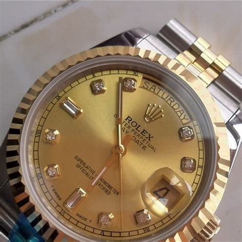 Swiss Rolex Day Date 18k Gold Diamond Time Markers Two Toned Strap Automatic Replica Watch