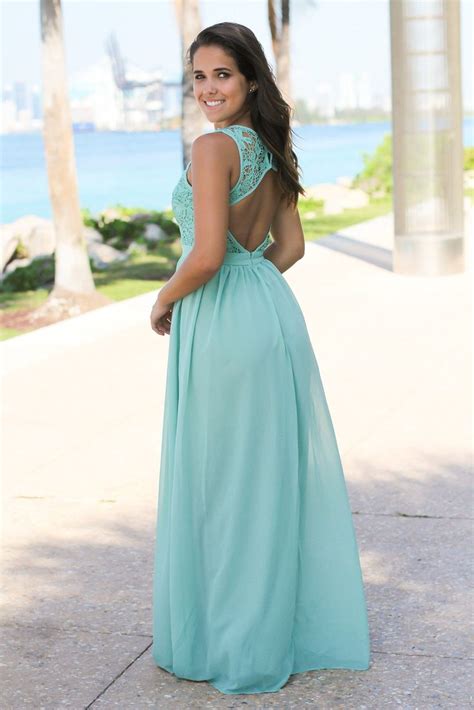 Dusty Mint Crochet Maxi Dress With Open Back Crochet Maxi Dress