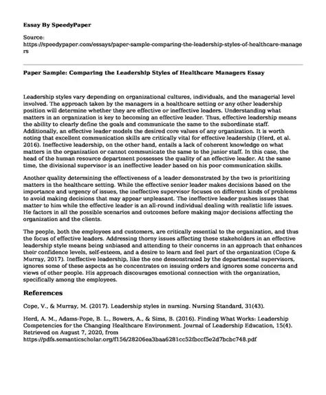 Paper Sample Comparing The Leadership Styles Of Healthcare Managers