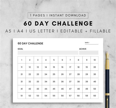 The Printable 60 Day Calendar Is Displayed Next To A Pen On A Marble