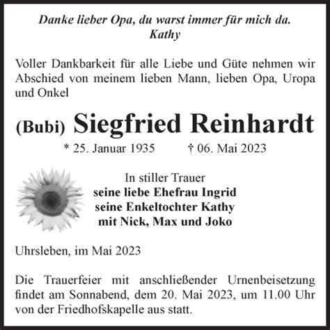 Traueranzeigen Von Siegfried Reinhardt Abschied Nehmen De