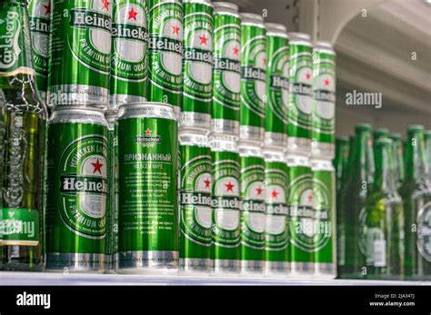 Moscow Russia March 12 2018 Display With Heineken Beer In Cans In Supermarket Lenta One Of