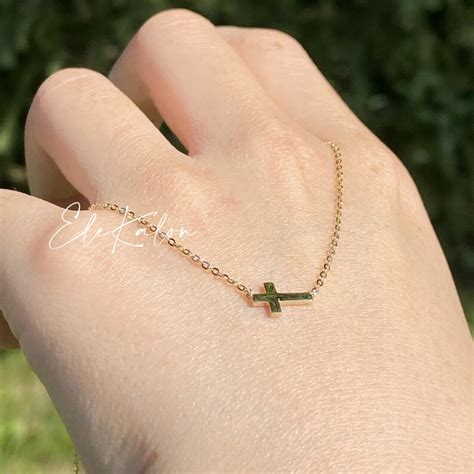 14k Solid Gold Sideways Cross Necklace Horizontal Link Cross Etsy