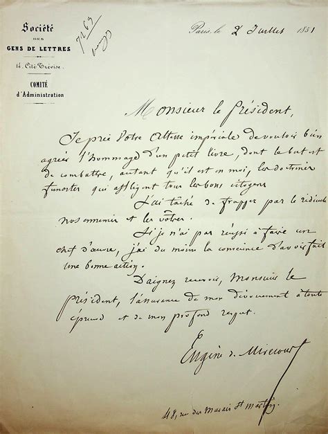 Lettre autographe signée by Eugène de Mirecourt 1812 1880 écrivain