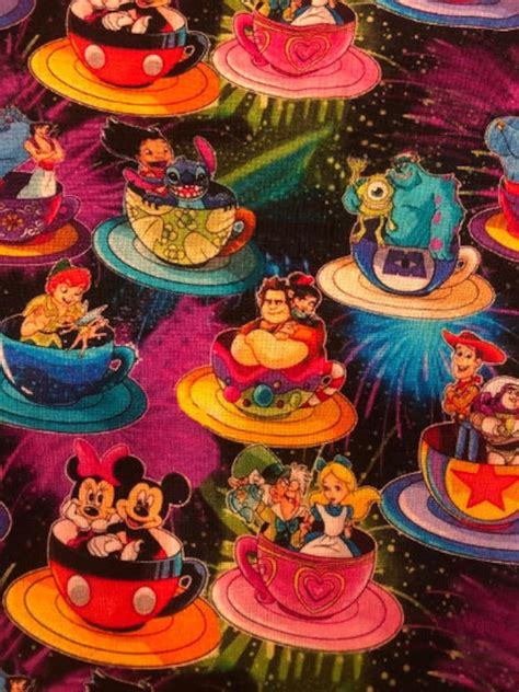 Disney Teacup Character Collage Cotton Fabric By The Yard Etsy