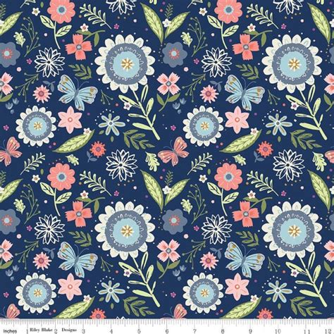 Butterfly Blossom Navy Fabric Etsy