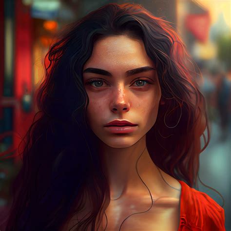 Portrait Of A Beautiful Girl In A Red Dress On The Street Image