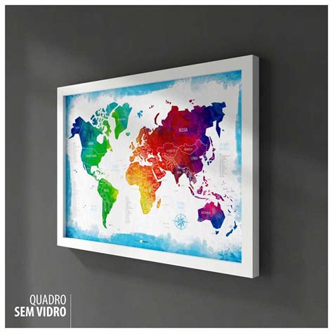 Quadro Mapa Múndi p Marcar Viagens Estilo Aquarela Kit c 50 Pins