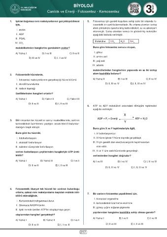 Page 219 Dört Dörtlük Konu Pekiştirme Testi BİYOLOJİ AYT