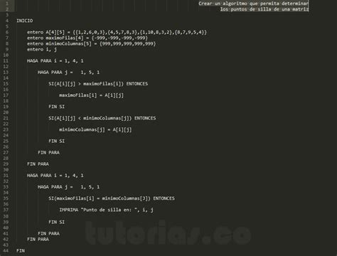 Arreglos Pseudocodigo Puntos De Silla De Una Matriz Tutorias Co