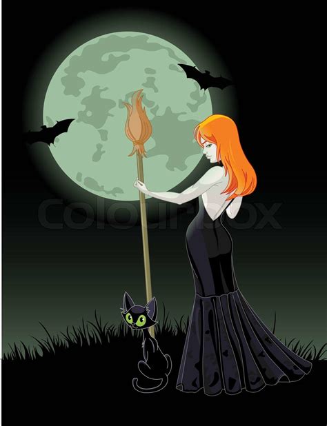 Beautiful Halloween Witch Holding A Broom Stock Vector Colourbox