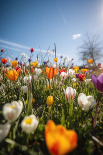 Colourful Spring Flowers At Field Over Blue Sky Created Using