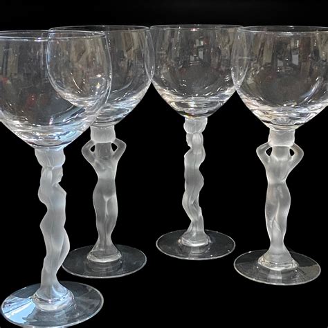 Vintage Bayel Crystal Female Nude Frosted Stem Claret Wine Glasses Bay