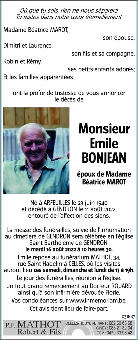 Avis De Décès De Emile Bonjean Décédé Le 11 08 2022 à Celles Annonce