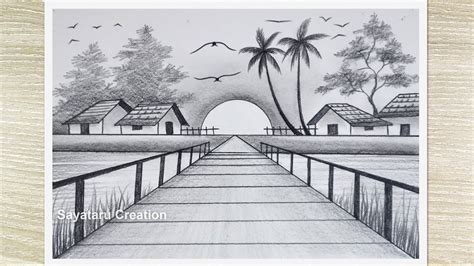 Sunset Landscape Drawing With Pencil Sketch Pencil Drawing For