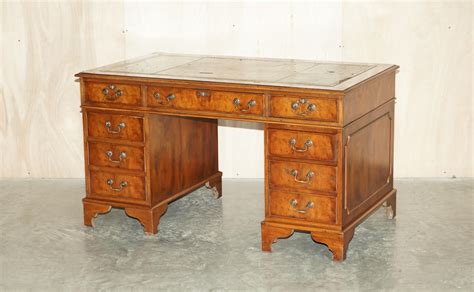 Vintage Burr Walnut Twin Pedestal Partner Desk With Regency Green