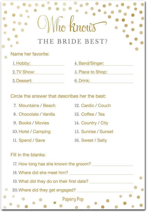 Who Knows The Bride Best Pack Of 50 Bridal Shower Games Wedding